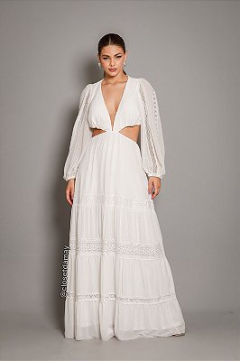 Vestido de noiva longo, com recorte na cintura e decote em V - Off White