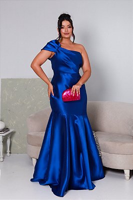 Vestido de festa longo, em zibeline, nula manga, sereia - Azul Royal