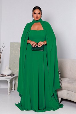 Vestido de festa longo, com alças finas e capa removível - Verde Bandeira