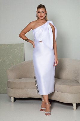Vestido de noiva midi em zibeline, nula manga com recorte na cintura e detalhe de laço - Off White