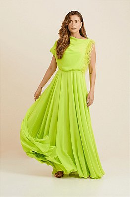 Vestido de festa longo, em chiffon, drapeado no ombro em detalhe de pluma - Verde Lima