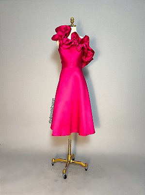 Vestido de festa midi, nula manga em zibeline e babado no busto - Rosa Pink