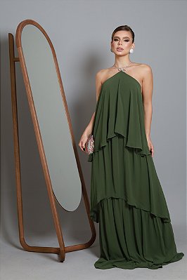 Vestido de festa longo, frente única, em camadas e com alças finas em strass -  Verde Oliva