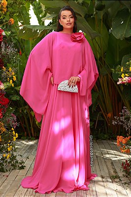 Vestido de festa longo, com alças finas com capa removível - Rosa Pink