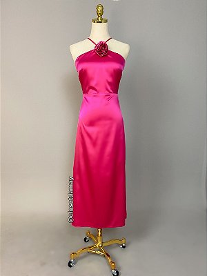 Vestido de festa midi, frente única com decote nas costas - Rosa Pink