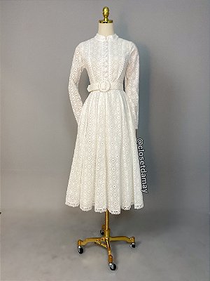 Vestido de noiva midi, com manga longa e cinto removível - Off White