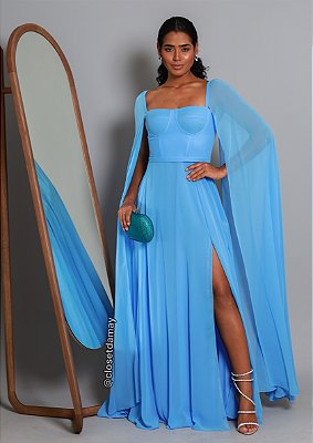 Vestido de festa longo, com capa e fenda - Azul Royal - Vestidos