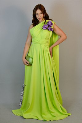 Vestido de festa longo, nula manga com aplicação em flor - Verde Lima
