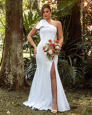 Vestido de noiva longo, nula manga, com fenda, com detalhe de laço - Branco