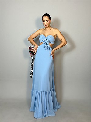 Vestido de festa longo, tomara que caia, com recortes e detalhes florais - Azul Serenity