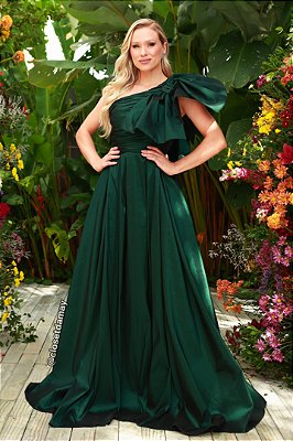 Vestido de festa longo, com detalhes em nula manga - Verde esmeralda