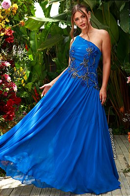 Vestido de festa longo, nula manga com bordado em pedraria - Azul Royal