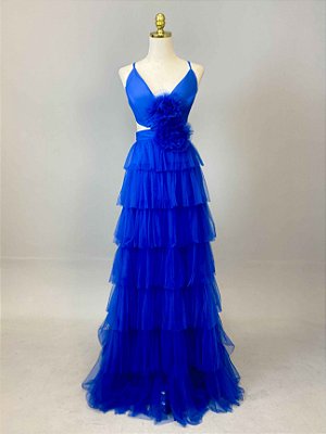 Vestido de festa longo, em tule com recorte na lateral - Azul Royal