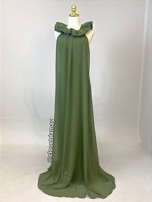 Vestido de festa longo, frente única com detalhes na gola - Verde Oliva