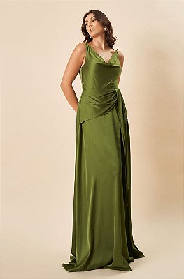 Vestido de festa longo, com alças finas e  faixa assimétrica solta - Verde Oliva