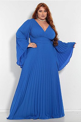 Vestido de festa longo, plissado com decote em V e flor removível - Azul Royal