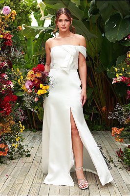 Vestido de noiva longo, nula manga em zibeline com fenda frontal - Off White