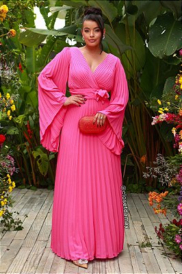 Vestido de festa longo, plissado com decote em V e flor removível - Rosa Pink