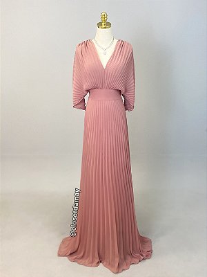 Vestido de festa longo, com decote v , plissado - Rosê