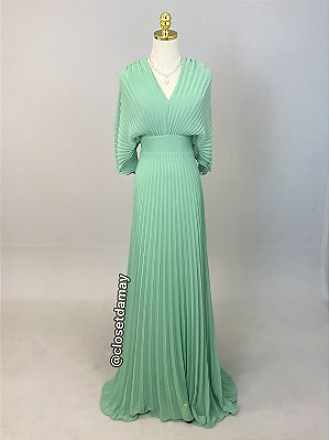 Vestido de festa longo, com decote v ,plissado - Verde Menta
