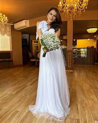 Vestido de noiva longo, em tule, nula manga com detalhe de laço - Branco