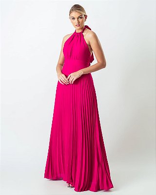 Vestido de festa longo, frente única com saia plissado - Rosa Pink