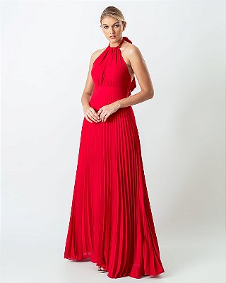 Vestido de festa longo, frente única com saia plissado - Vermelho