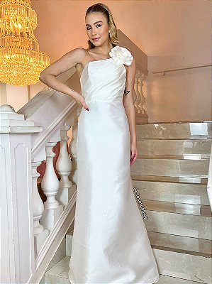 Vestido de noiva longo, nula manga com busto drapeado e flor removível -Off White