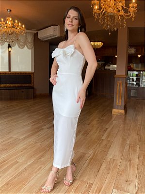 Vestido de noiva midi, com maxi laço no decote e alças flexíveis - Off  White