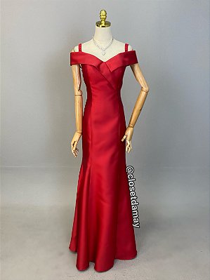 Vestido de festa longo em zibeline, ombro a ombro em sereia e fenda - Vermelho