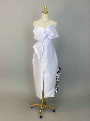 Vestido de noiva midi, em zibeline com laço no busto - Branco