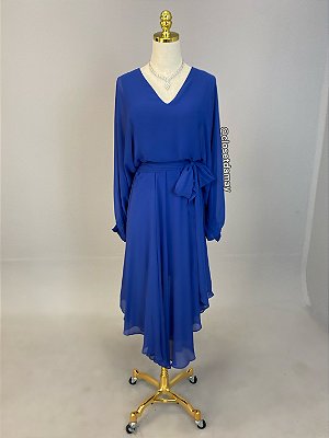 Vestido de festa midi, com manga longa e saia fluida com faixa fixa - Azul Royal