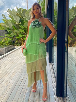 Vestido de festa mulet , frente única e franjas - Verde Menta