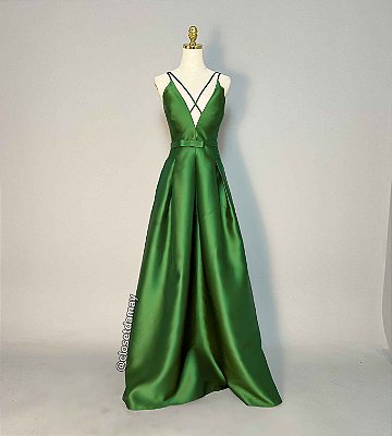 Vestido de festa longo, em zibeline com decote em V e alças finas e transparência na lateral - Verde Oliva
