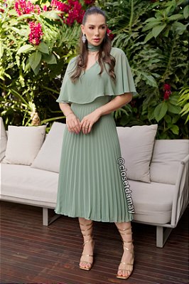 Vestido de festa midi, plissado com capa fixa - Verde Menta