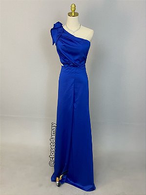 Vestidos de festa longo, nula manga, leve drapeado e detalhe de flor e fenda - Azul Royal