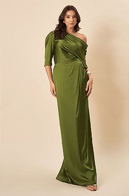 Vestido de festa longo, em cetim com caimento drapeado no ombro esquerdo - Verde Oliva