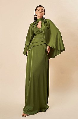 Vestido de festa longo, de cetim com busto transpassado e drapeado no corpo - Verde Oliva