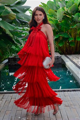 Vestido de festa mulet, frente única com franja - Vermelho