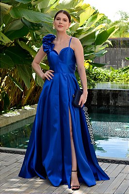 Vestido de festa longo, em zibeline com fenda frontal - Azul Royal