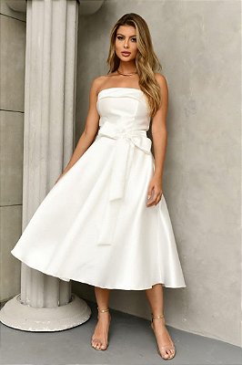 Vestido de noiva midi, tomara que caia, em zibeline, saia ampla e bolsos - Off White