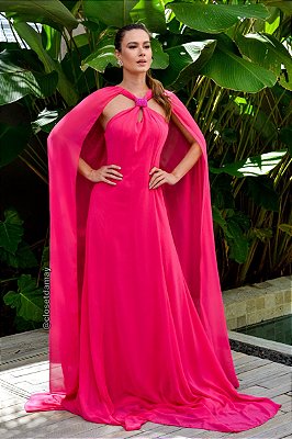Vestido de festa longo, frente única com capa fixa - Rosa Pink