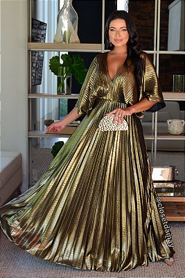 Vestido de festa longo, em lamê metalizado com decote em V - Dourado