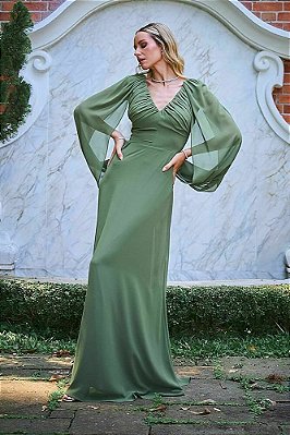 Vestido de festa longo, em chiffon, com decote em v e manga capa - Verde Oliva