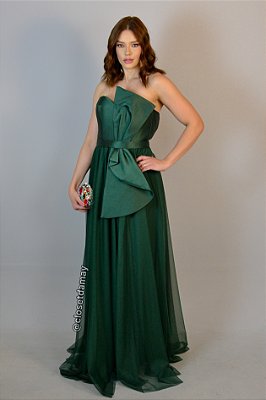 Vestido de festa longo, em tule, tomara que caia com fenda e aplicação de laço - Verde Esmeralda