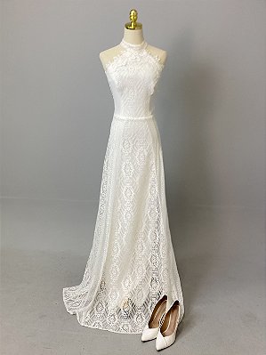 Vestido de noiva longo, frente única, com busto em renda - Off White