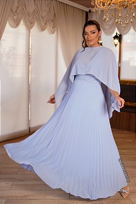 Vestido de festa longo, plissado com decote em V e capa removível -  Azul Serenity