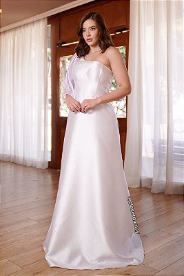 Vestido de noiva longo, em zibeline, nula manga com laço - Branco