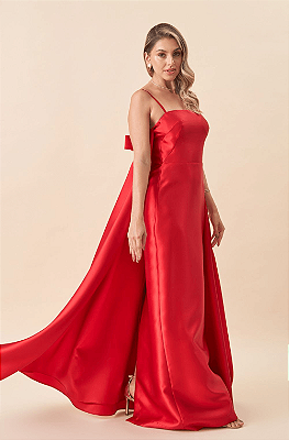 Vestido de festa longo, em zibeline com capa e alças finas - Vermelho