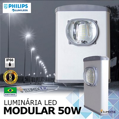 Luminária LED Pública Modular para Poste 50w | Bivolt | IP66 | 7.000 Lúmens | LED PHILIPS | Para Vias ou Condomínio